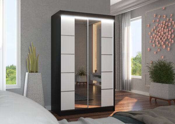 Zrcadlová šatní skříň s LED osvětlením 120 cm FABRA - černá / bílá