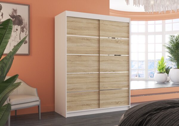 Šatní skříň s posuvnými dveřmi 150 cm FAKRIA - bílá / dub sonoma