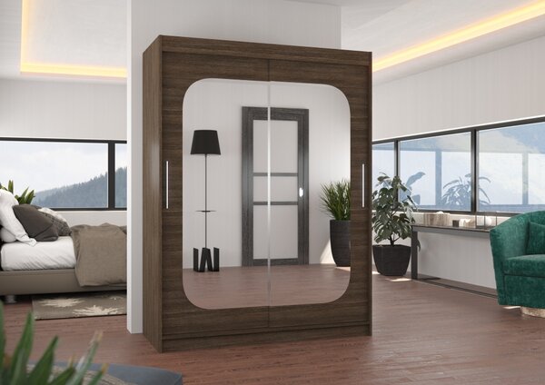 Šatní skříň se zrcadlem 150 cm QUELA - tmavě hnědá