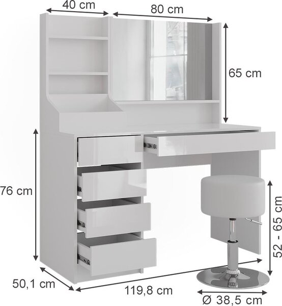 Toaletní stolek Vicco Sherry Bílá/bílý vysoký lesk 119.8 cm 4 díly, Model 57608