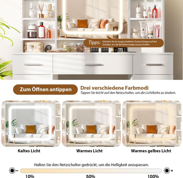 ZELURXX Multifunkční toaletní stolek s LED zrcadlem, úložným prostorem, 5 zásuvkami, skleněnou vitrínou a stoličkou – stmívatelné osvětlení