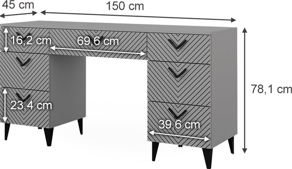 Toaletní stolek Vicco Anett Šedá 150 cm bez zrcadla, se 7 zásuvkami, Model 40608