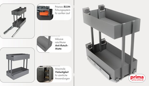 Moderní kuchyňská skříňka výsuvná 2 police s kolejničkovým nábytkem Blum 500 mm antracitová