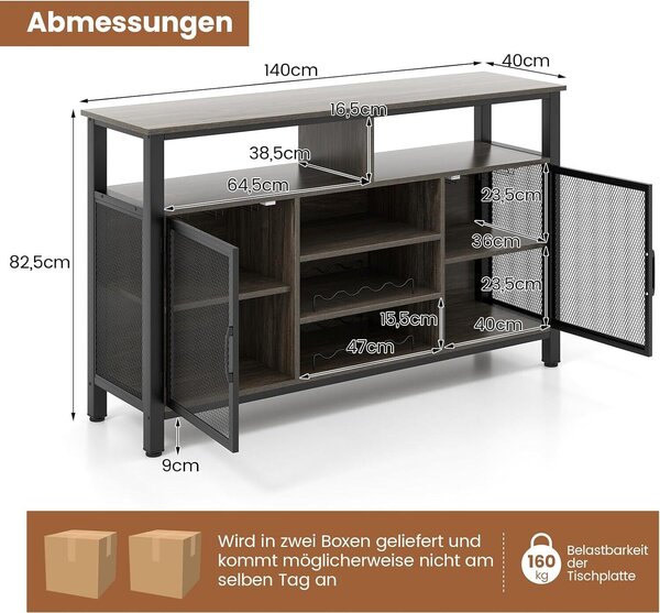 Příborník COSTWAY, kuchyňská skříňka se 2 kovovými síťovanými dvířky, otevřenými přihrádkami, stojany na víno a držáky na sklenice, úložná skříňka 140 x 40 x 82,5 cm Šedá barva