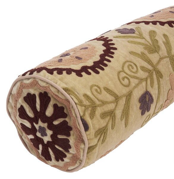 Sametový vyšívaný polštář válec Suzani Beige