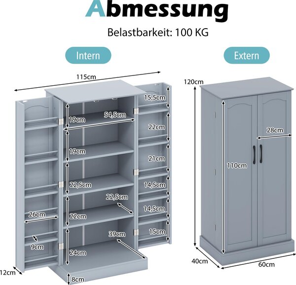 Kuchyňská skříňka COSTWAY, spížní skříňka, skříňka se 2 dvířky a 6 policemi, víceúčelová skříňka, 60 x 40 x 120 cm, šedá barva