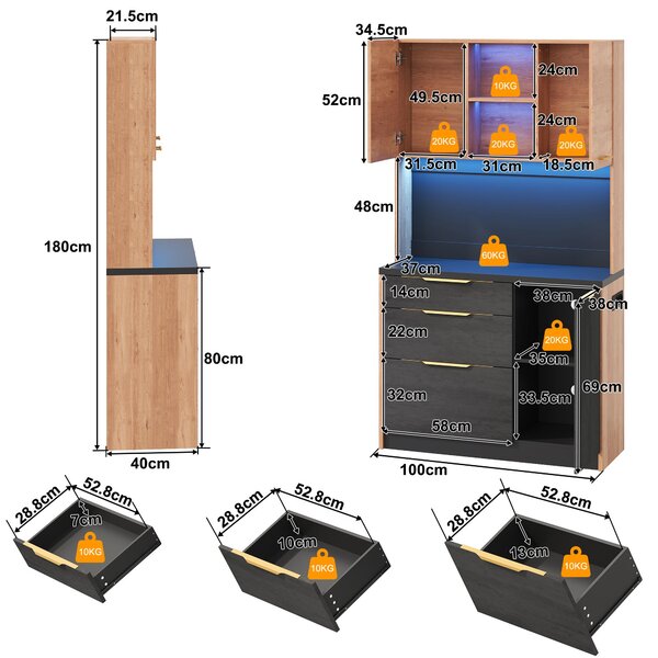 Vysoká kuchyňská skříňka Flieks s nastavitelným LED osvětlením, vysoká skříňka se zásuvkou, příborník 100 x 40 x 180 cm, přírodní barva