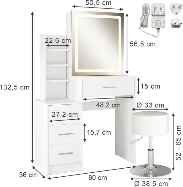 Toaletní stolek Vicco Lisca Bílá 80 cm se zrcadlem LED a stoličkou, Model 50168