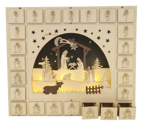 LED adventní kalendář betlém dřevěný 39 × 7 × 33,5 cm, na 2× AA