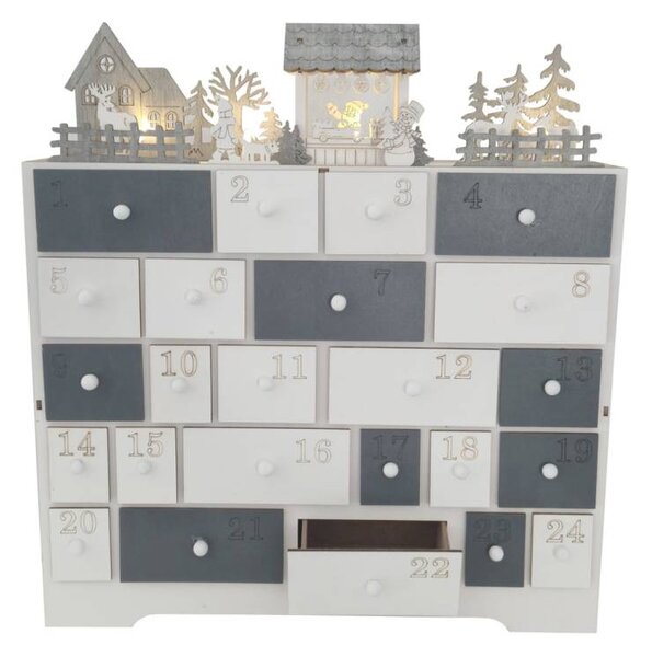 LED adventní kalendář betlém dřevěný, 37 × 11 × 40 cm, bílá a šedá, na 2× AA