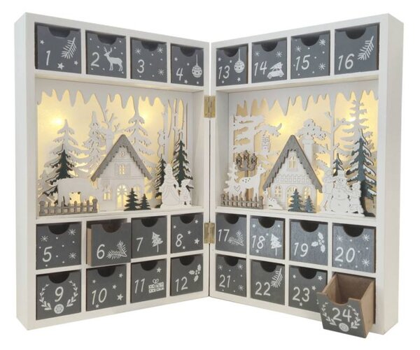 LED adventní kalendář dřevěná kniha, 23,5 × 11 × 34,5 cm, bílá a šedá, na 2× AA