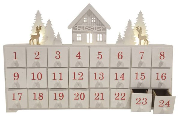 LED adventní kalendář dřevěný domeček, 43 x 8 x 29 cm, bílá a červená, na 2× AA