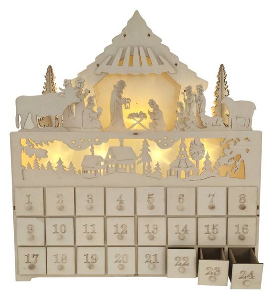 LED adventní kalendář dřevěný betlém, 43 x 8 x 47 cm, na 2× AA