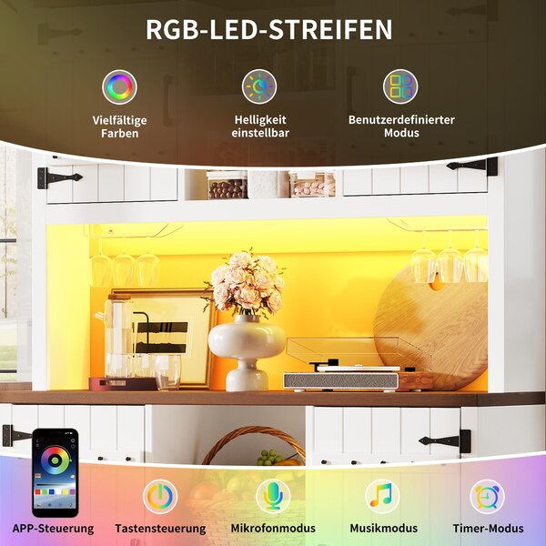 Vysoká skříň Flieks s RGB LED osvětlením, kuchyňské skříňky se zásuvkami a otevřenou policí, komoda 120x40x180 cm, bílá barva
