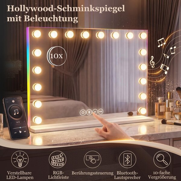 HOMCOM Hollywood – zrcadlo 80 × 60 cm, kosmetické zrcadlo s RGB osvětlením a Bluetooth