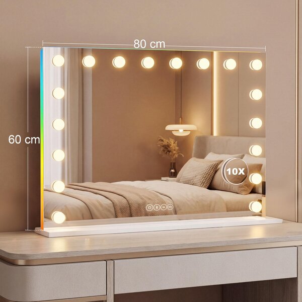 HOMCOM Hollywood – zrcadlo 80 × 60 cm, kosmetické zrcadlo s RGB osvětlením a Bluetooth