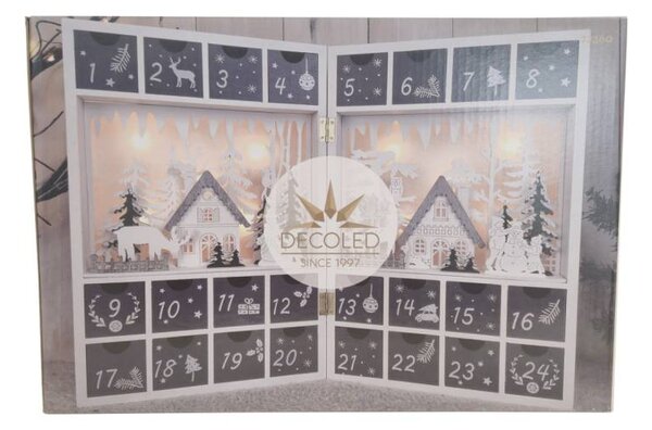 LED adventní kalendář dřevěná kniha, 23,5 × 11 × 34,5 cm, bílá a šedá, na 2× AA