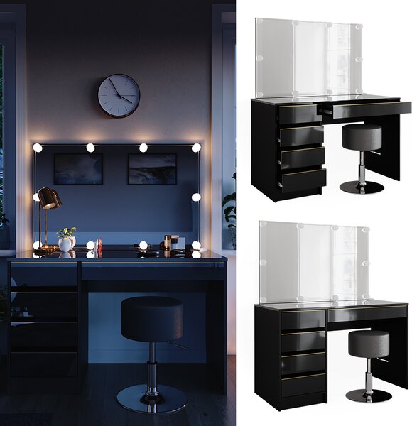 Toaletní stolek Vicco Sherry Černá/zlatá 120 cm s osvětlením LED a stoličkou, Model 47717