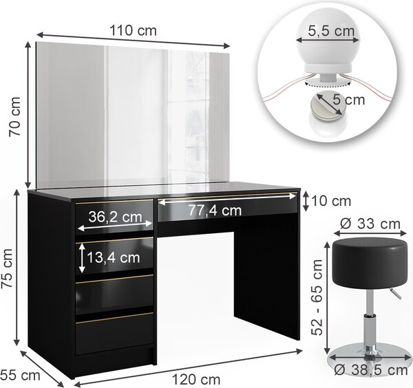 Toaletní stolek Vicco Sherry Černá/zlatá 120 cm s osvětlením LED a stoličkou, Model 47717