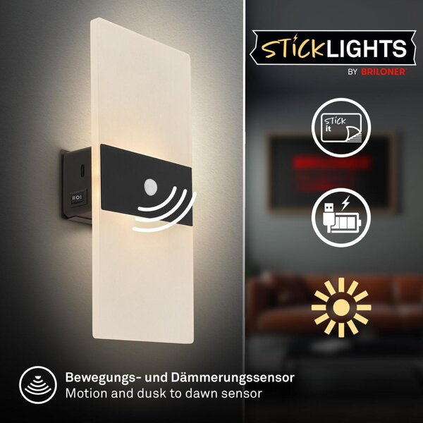 BRILONER Aura nástěnné svítidlo - 2,5W, 100lm, nabíjecí, LED, s pohybové čidlo, černá 3888015