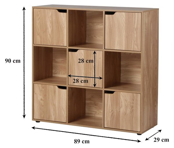 CALICOSY – skříňka s 9 přihrádkami a 5 dvířky, dřevěný Imitace, šířka 89 cm – MODU