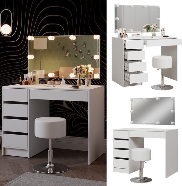 Toaletní stolek Vicco Thalia Bílá 100 cm s osvětlením LED a stoličkou, Model 41530
