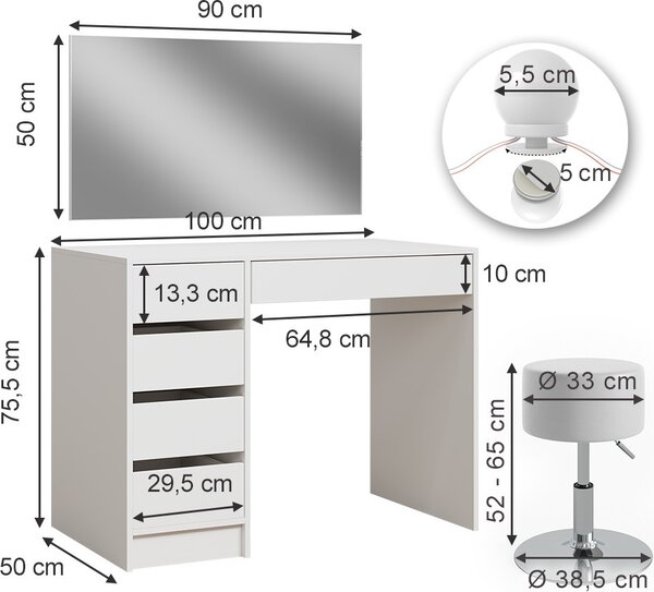 Toaletní stolek Vicco Thalia Bílá 100 cm s osvětlením LED a stoličkou, Model 41530