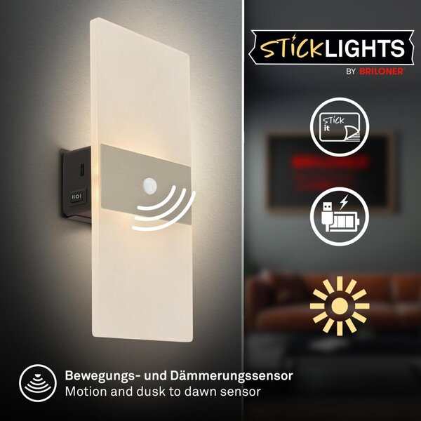 BRILONER Aura nástěnné svítidlo - 2,5W, 100lm, nabíjecí, LED, s pohybové čidlo, matný nikl 3888012