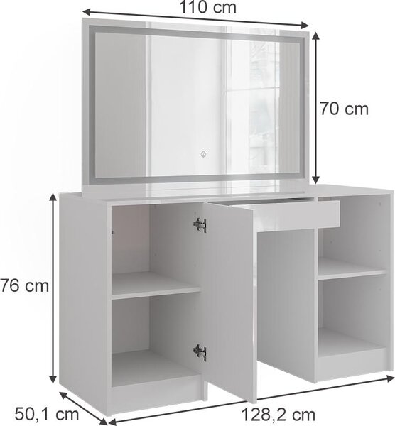 Toaletní stolek Vicco Sherry Bílá/bílý vysoký lesk 128.2 cm s LED zrcadlem, Model 57625