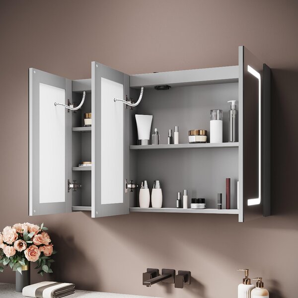 SONNI 90 x 60 x 12,5 cm Třídveřová dřevěná zrcadlová skříňka č. 4 Světle hnědá Funkce proti zamlžení Zásuvka pro nabíjení holicího strojku