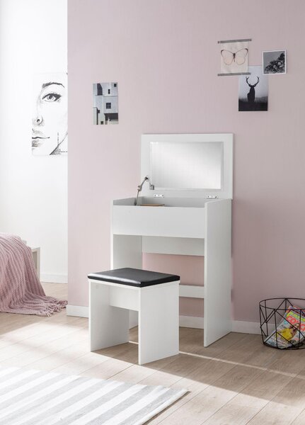 FineBuy Toaletní stolek FB51641, 60x81x40 cm, bílý. Moderní toaletní stolek z dřeva s židličkou a zrcadlem. Bílý toaletní stolek s výklopnou přihrádkou