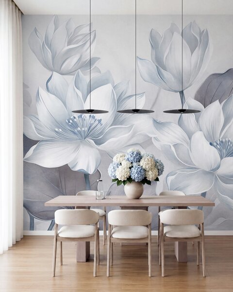 Fototapety Texturované lotosové květy s jemnými okvětními lístky a velkými listy v tlumených modrých, Tapety Unikátní, w10027v1 : uwalls.cz