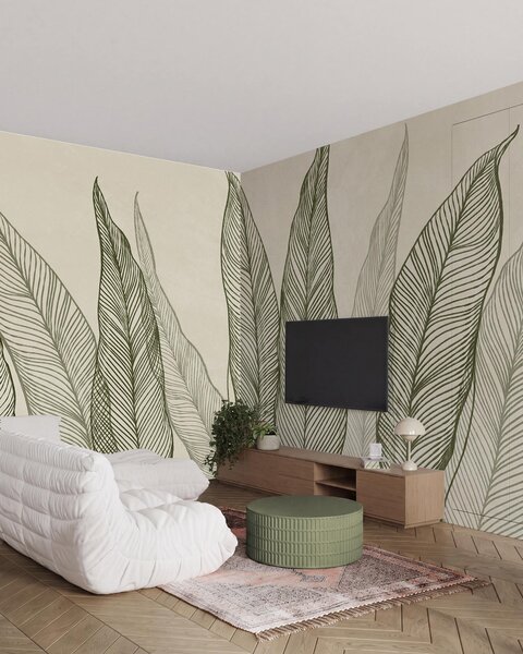 Fototapety Stylizované zelené listy s propracovanými liniovými detaily na béžovém pozadí, texturované umělecké, Tapety Unikátní, w10030 : uwalls.cz