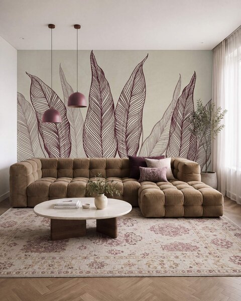 Fototapety Stylizované vínově červené listy s propracovanými liniovými detaily na béžovém pozadí,, Tapety Unikátní, w10030v1 : uwalls.cz