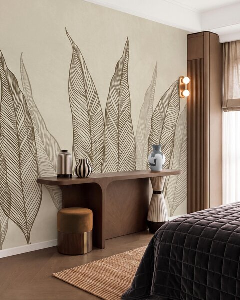 Fototapety Stylizované hnědé listy s propracovanými liniovými detaily na béžovém pozadí, texturované, Tapety Unikátní, w10030v2 : uwalls.cz