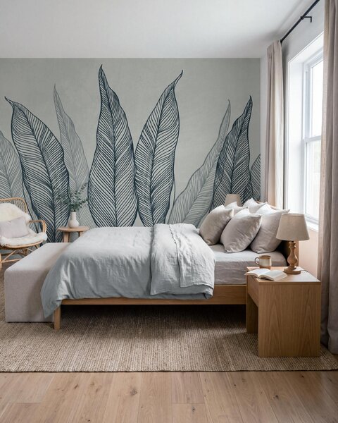 Fototapety Stylizované modré listy s propracovanými liniovými detaily na šedém pozadí, texturované umělecké, Tapety Unikátní, w10030v3 : uwalls.cz