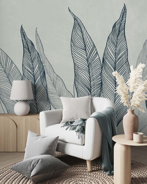 Fototapety Stylizované modré listy s propracovanými liniovými detaily na šedém pozadí, texturované umělecké, Tapety Unikátní, w10030v3 : uwalls.cz