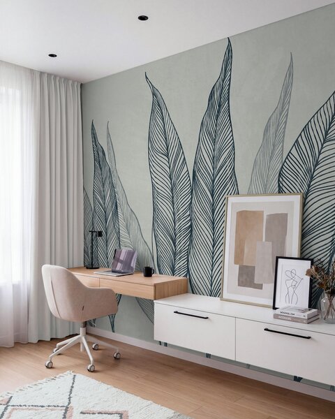 Fototapety Stylizované modré listy s propracovanými liniovými detaily na šedém pozadí, texturované umělecké, Tapety Unikátní, w10030v3 : uwalls.cz