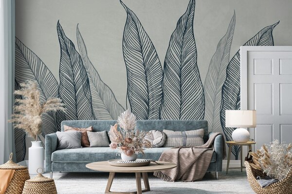 Fototapety Stylizované modré listy s propracovanými liniovými detaily na šedém pozadí, texturované umělecké, Tapety Unikátní, w10030v3 : uwalls.cz