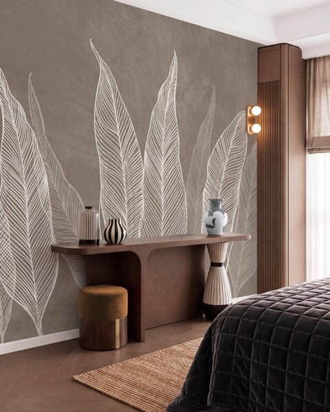 Fototapety Stylizované bílé listy s propracovanými liniovými detaily na hnědém pozadí, texturovaná ilustrace, Tapety Unikátní, w10030v4 : uwalls.cz
