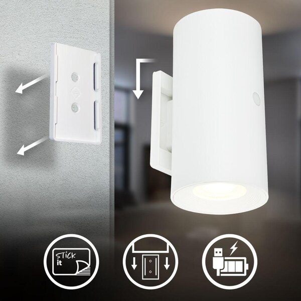 BRILONER Isy nástěnné svítidlo - 2W, 200lm, nabíjecí, LED, dotykový vypínač, stmívatelné, bílé 3942016
