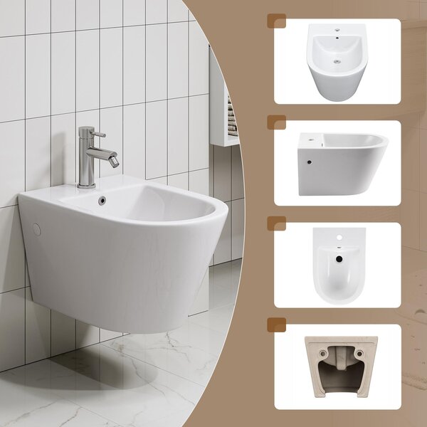 HOROW Bezokrajový závěsný bidet Creavit s nano povrchem keramický bílý Nástěnný bidet s otvorem pro baterii a přepadem 52,5 x 36,5 x 30 cm