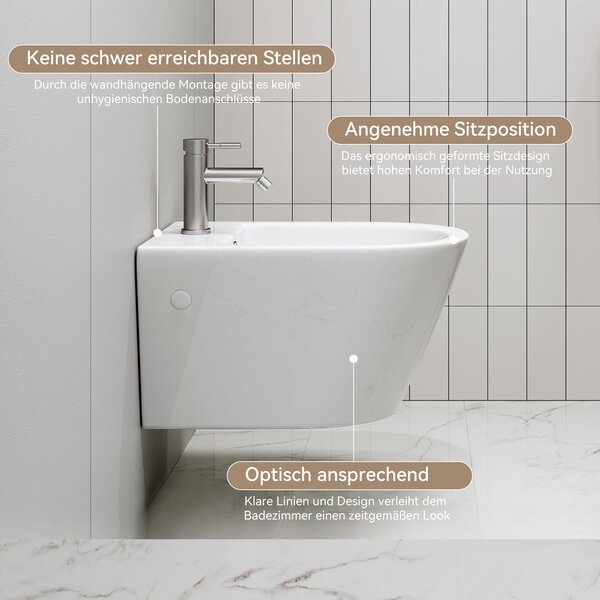 HOROW Bezokrajový závěsný bidet Creavit s nano povrchem keramický bílý Nástěnný bidet s otvorem pro baterii a přepadem 52,5 x 36,5 x 30 cm