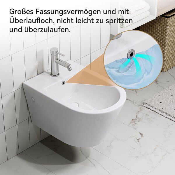 HOROW Bezokrajový závěsný bidet Creavit s nano povrchem keramický bílý Nástěnný bidet s otvorem pro baterii a přepadem 52,5 x 36,5 x 30 cm