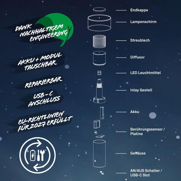 BRILONER Juna stolní lampa - 1,8W, 210lm, nabíjecí, LED, stmívatelné, dotykový vypínač, teplá bílá, antracit 7580015