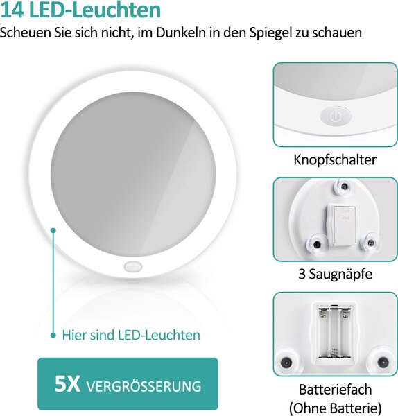 EMKE ф165mm LED make-up zrcadlo Kosmetické zrcadlo Nástěnné zrcadlo s přísavkou a 5x zvětšujícím zrcadlem