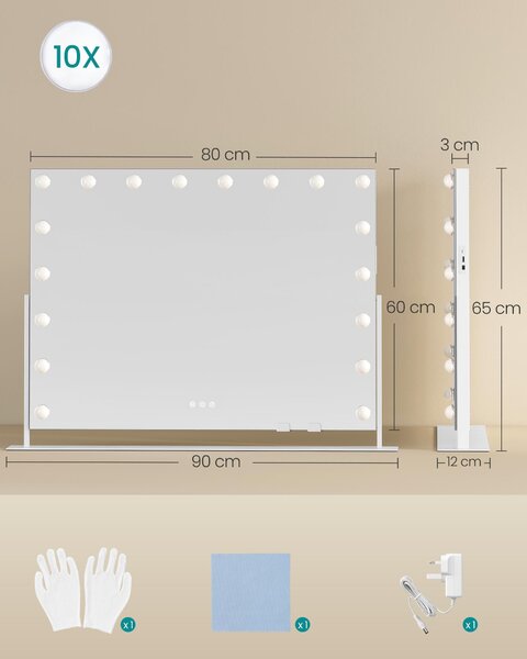 SONGMICS Kosmetické zrcadlo s LED osvětlením, kosmetické zrcadlo, dotykové ovládání, držák na mobilní telefon, 3 barvy světla, 80 x 60 cm, bílé
