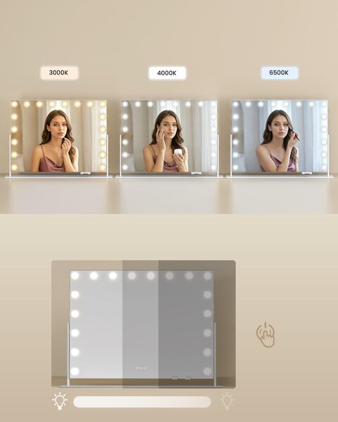 SONGMICS Kosmetické zrcadlo s LED osvětlením, kosmetické zrcadlo, dotykové ovládání, držák na mobilní telefon, 3 barvy světla, 80 x 60 cm, bílé