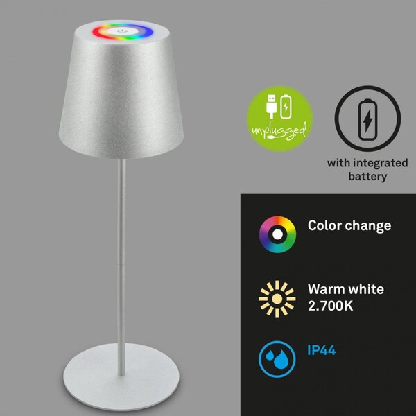BRILONER Kiki stolní lampička bezdrátová, dotykový vypínač, pestrobarevné RGB+W světlo, nastavitelná výška, matný chrom 7507014