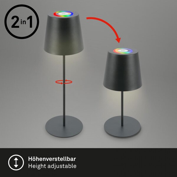 BRILONER Kiki stolní lampička bezdrátová, dotykový vypínač, pestrobarevné RGB+W světlo, nastavitelná výška, antracit 7507015
